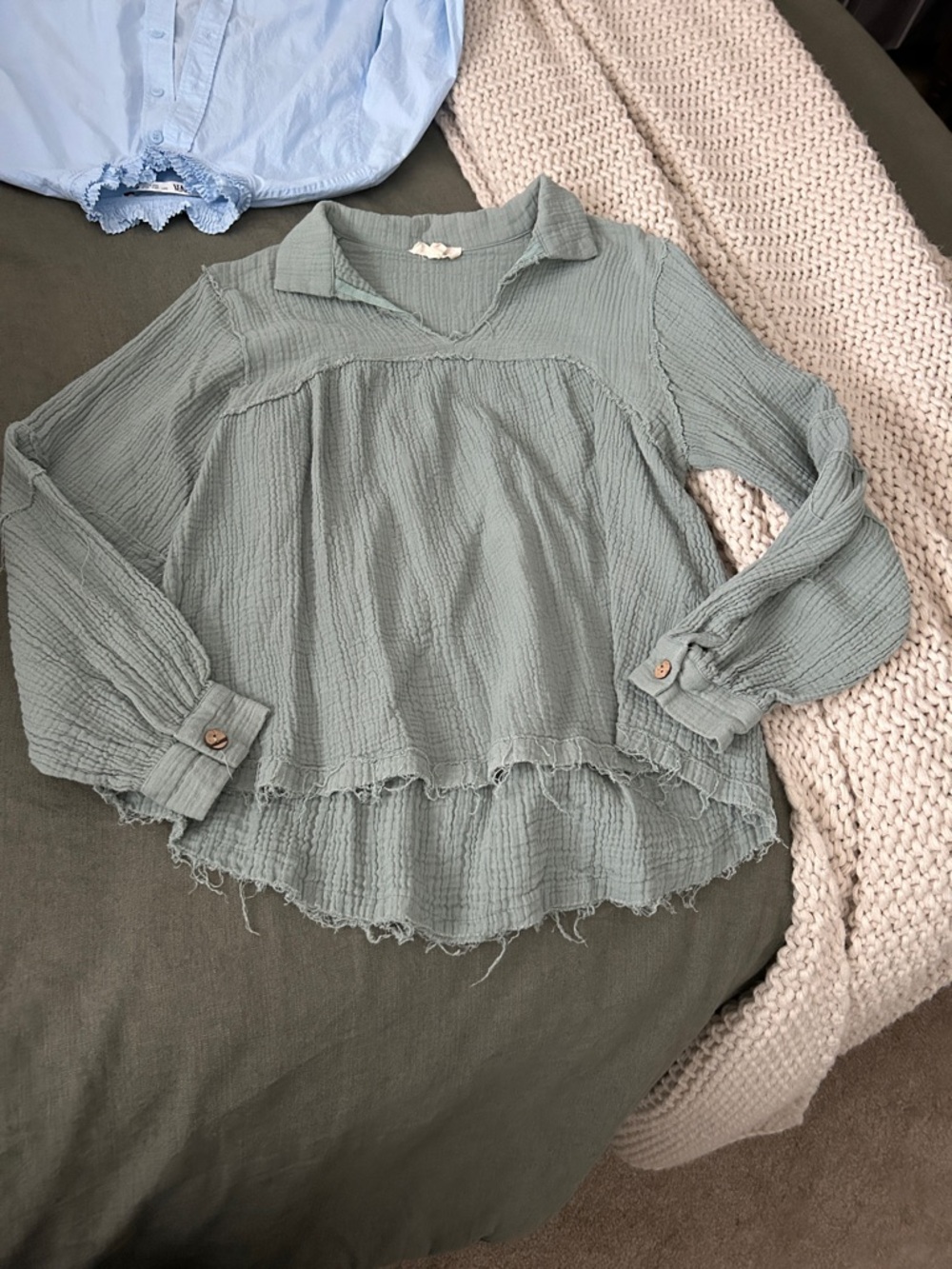 Light Sage Gauze Button-Cuff Peasant Blouse